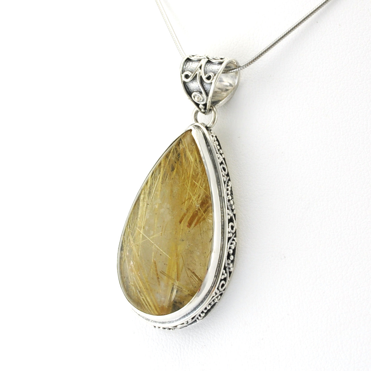 Silver Rutilated Quartz 18x32mm Tear Bali Pendant