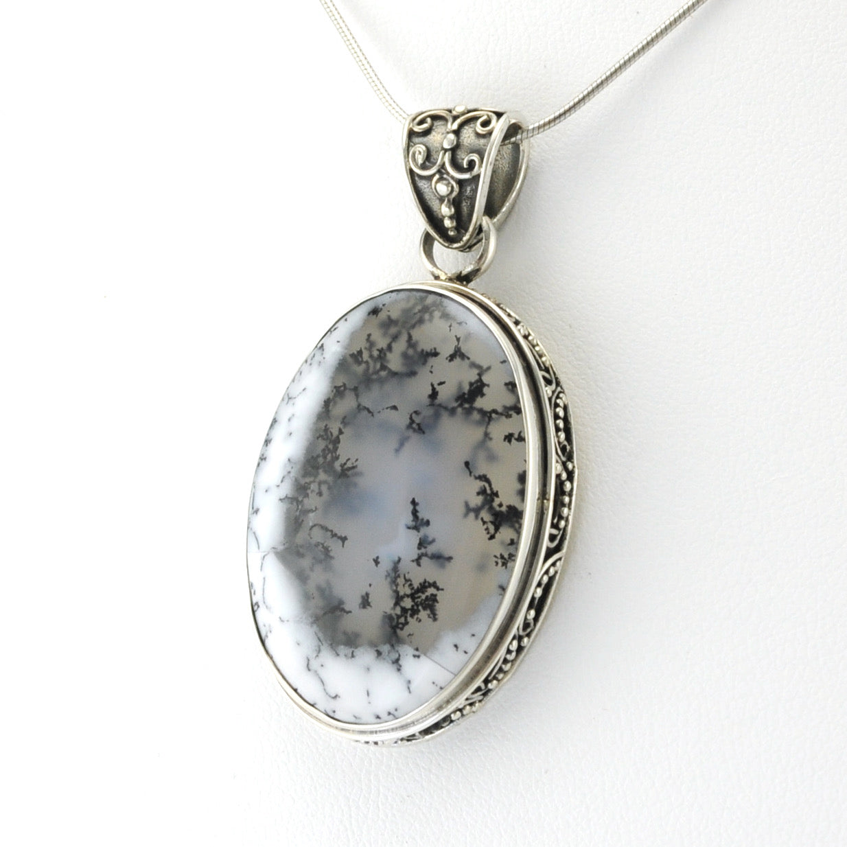 Silver Dendritic Agate 22x32mm Oval Bali Pendant