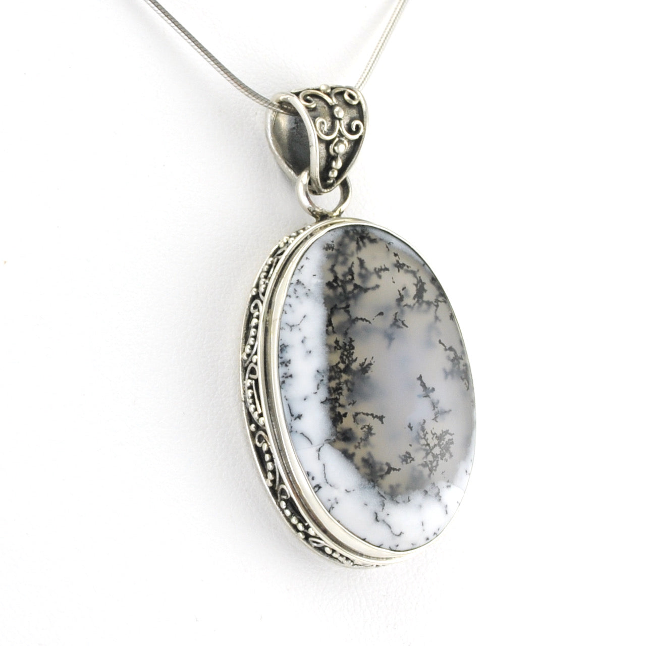 Side View Silver Dendritic Agate 22x32mm Oval Bali Pendant