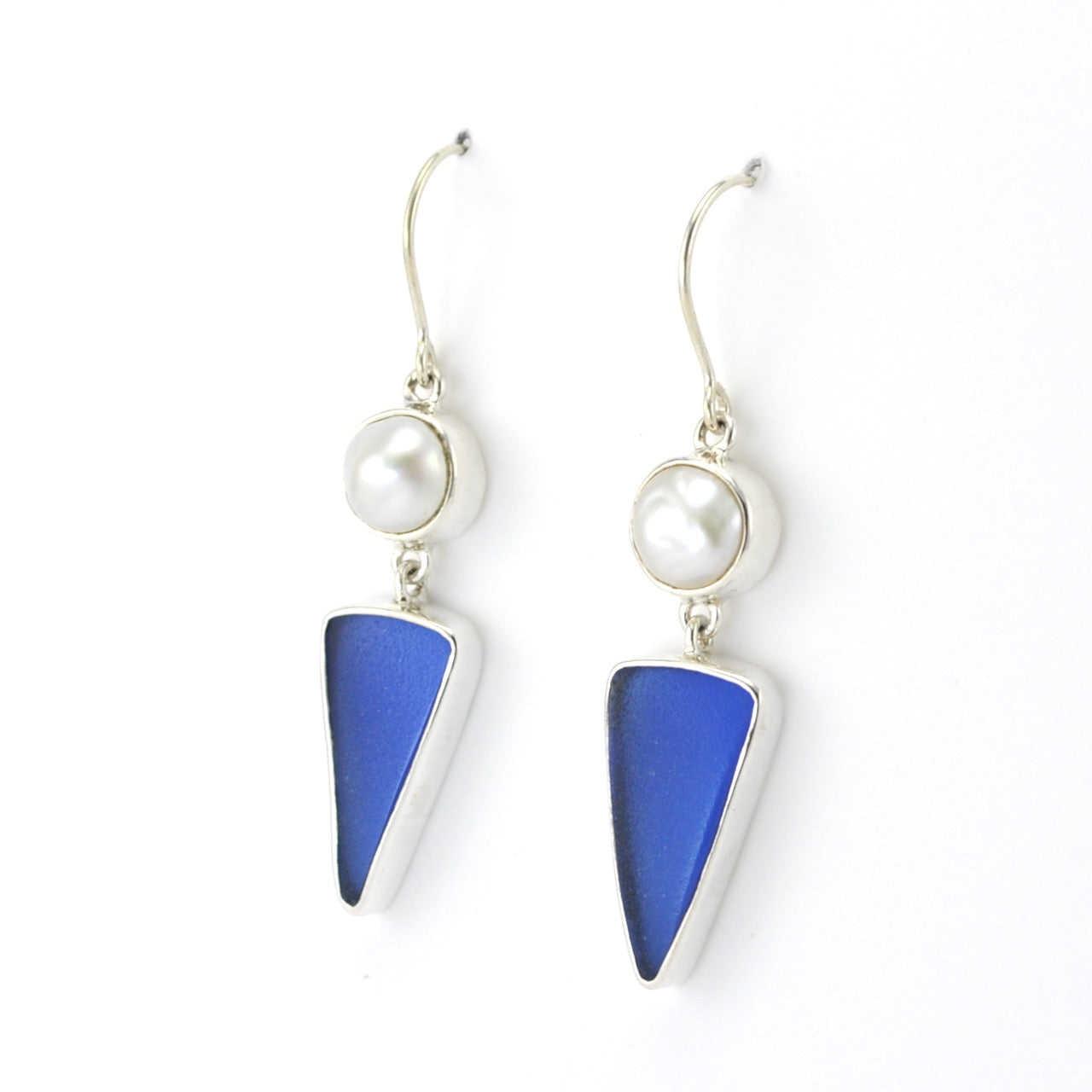 Side View Silver Pearl Cobalt Blue Sea Glass Dangle Earrings