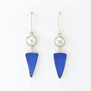Silver Pearl Cobalt Blue Sea Glass Dangle Earrings