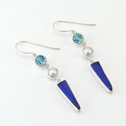 Side View Silver Blue Topaz Pearl Sea Glass Earrings