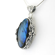 Silver Labradorite Oval Flower Pendant