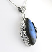 Side View Silver Labradorite Oval Flower Pendant