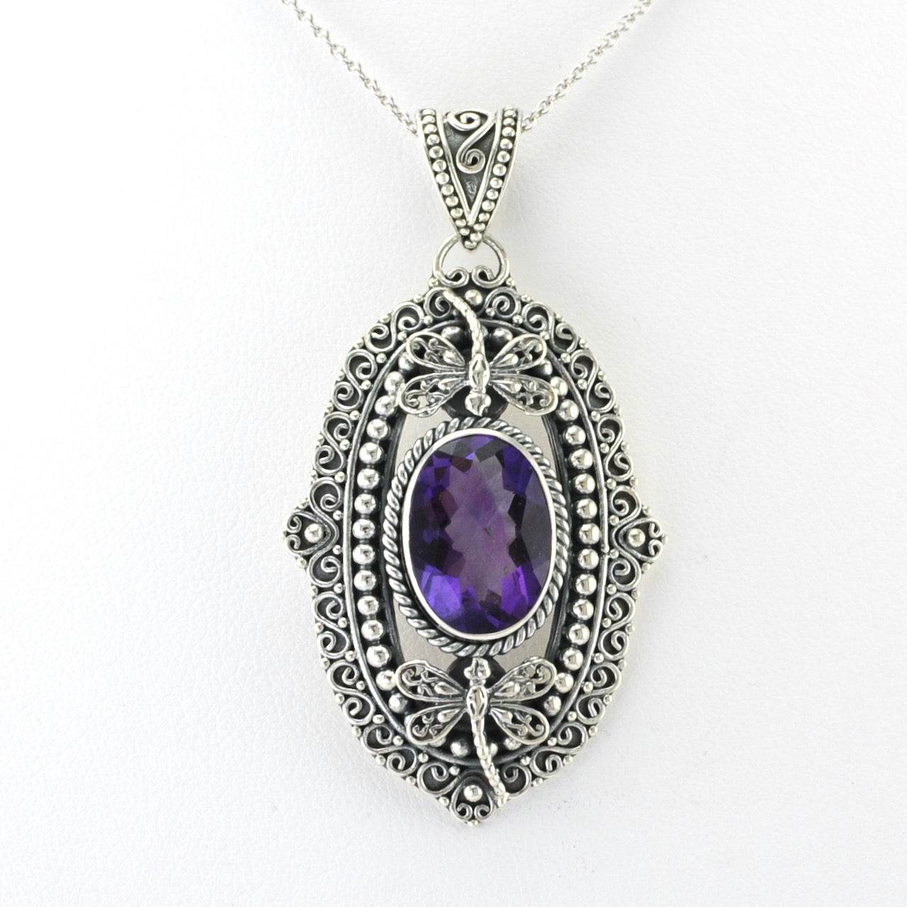 Alt View Silver Amethyst Oval Dragonfly Pendant