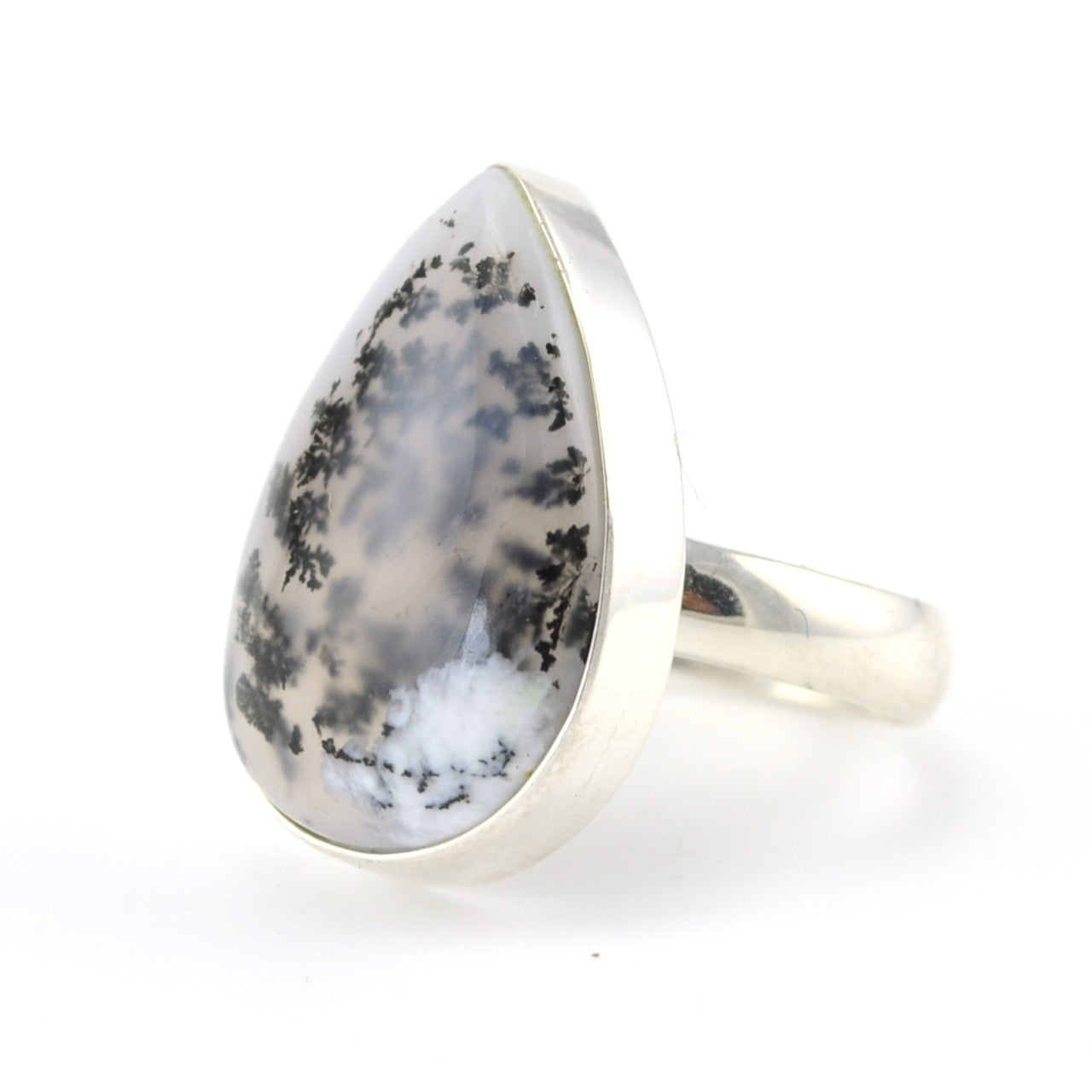 Silver Dendritic Agate 16x24mm Tear Ring Size 8