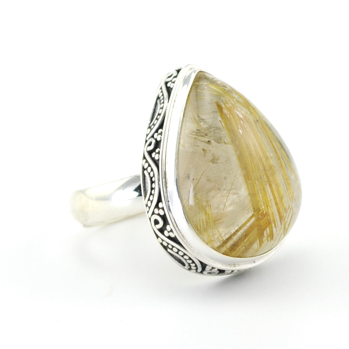 Alt View Silver Rutilated Quartz 16x20mm Tear Bali Ring