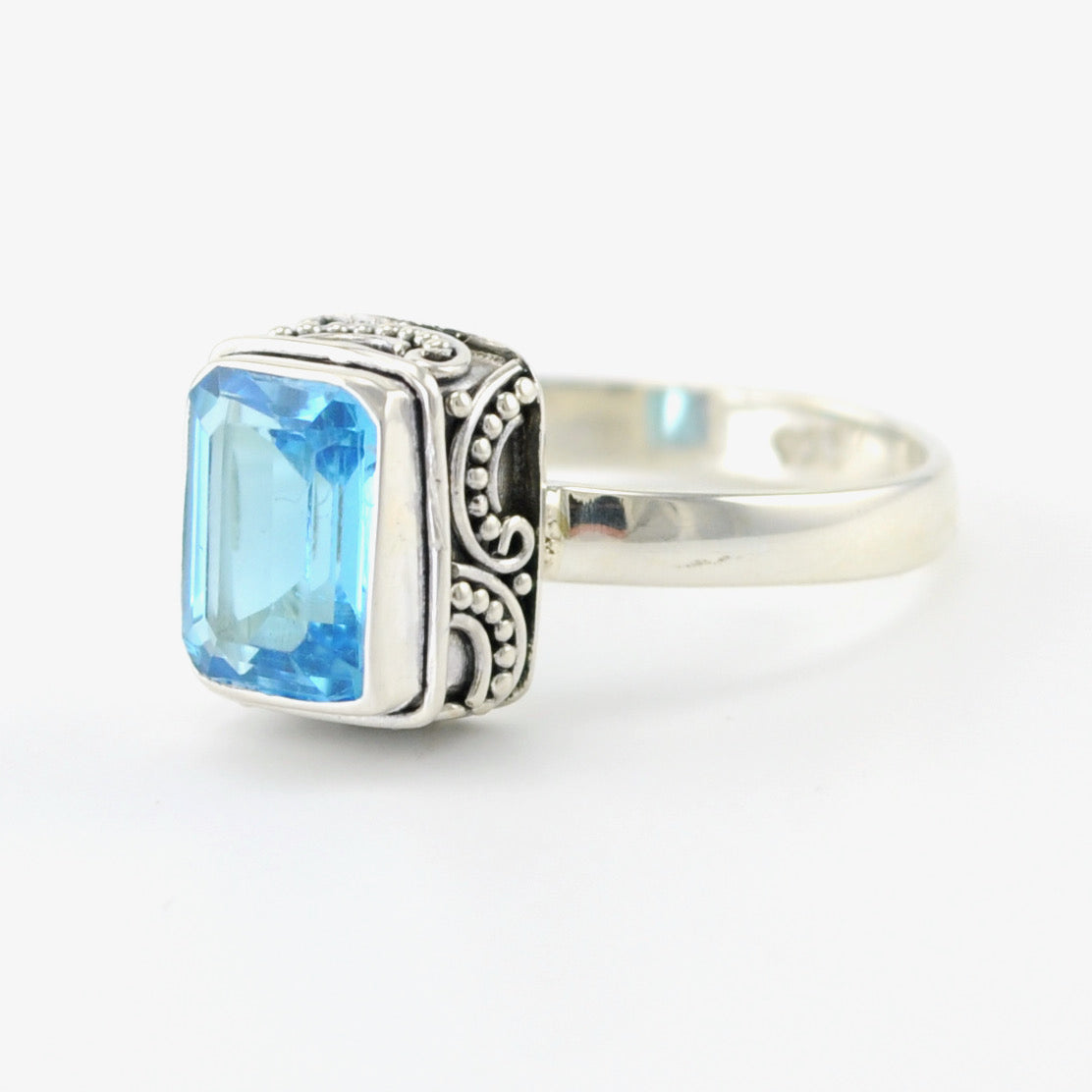 Silver Blue Topaz 7x9mm Rectangle Bali Ring
