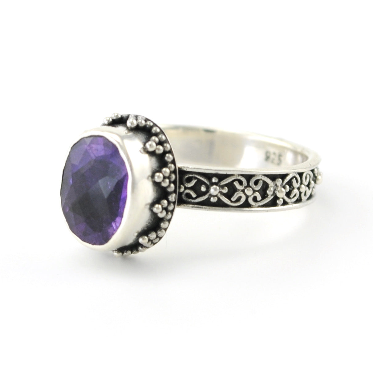 Silver Amethyst 8x10mm Oval Bali Ring