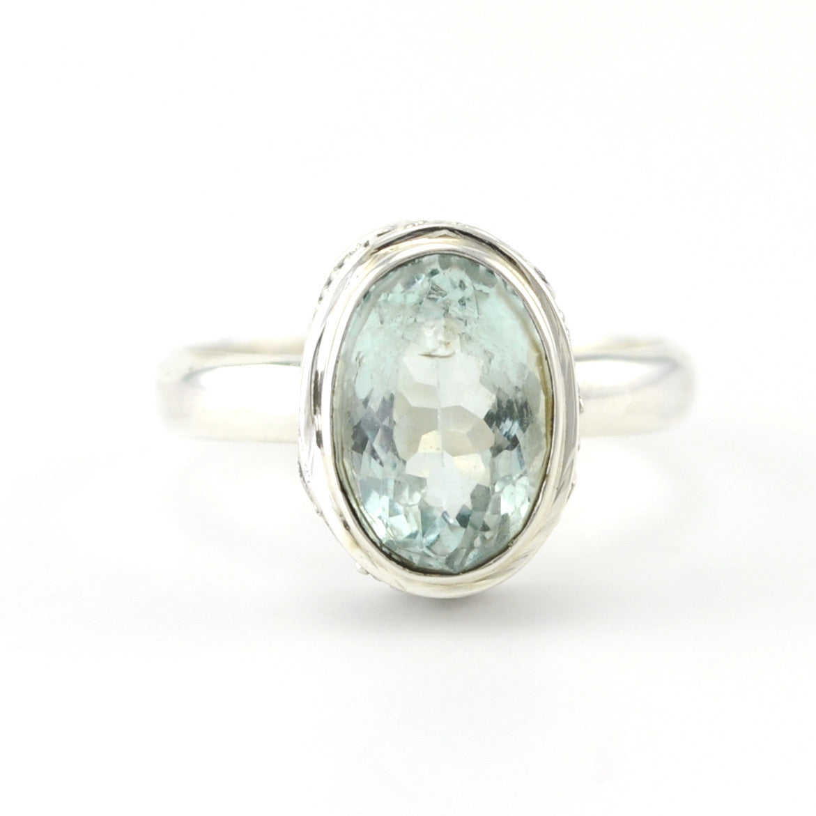 Alt View Silver Aquamarine Oval Bali Ring