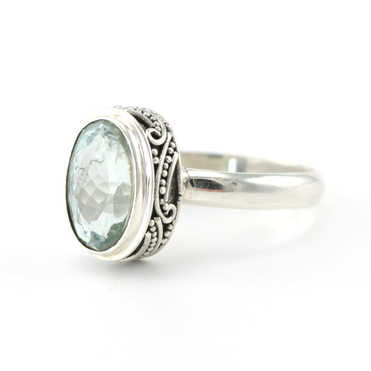 Silver Aquamarine Oval Bali Ring