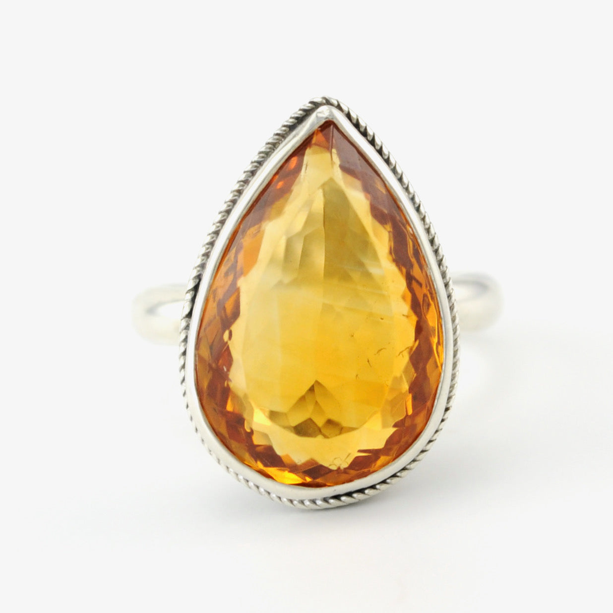 Alt View Silver Citrine 12x20mm Tear Bali Ring