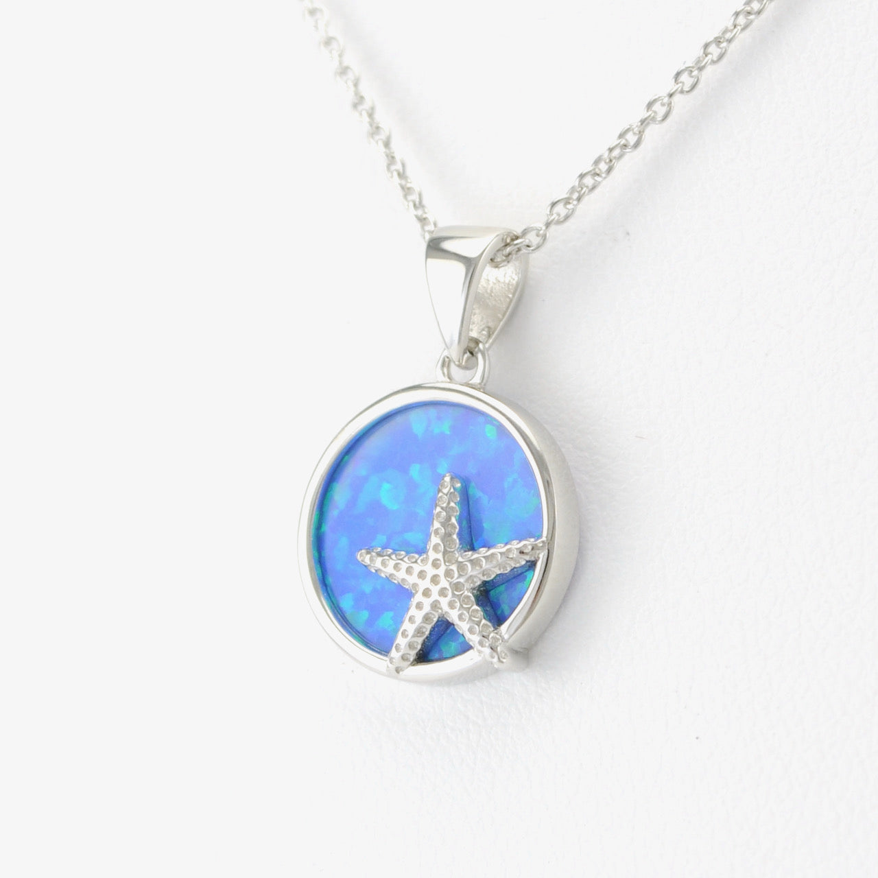 Silver Created Opal Round Starfish Necklace