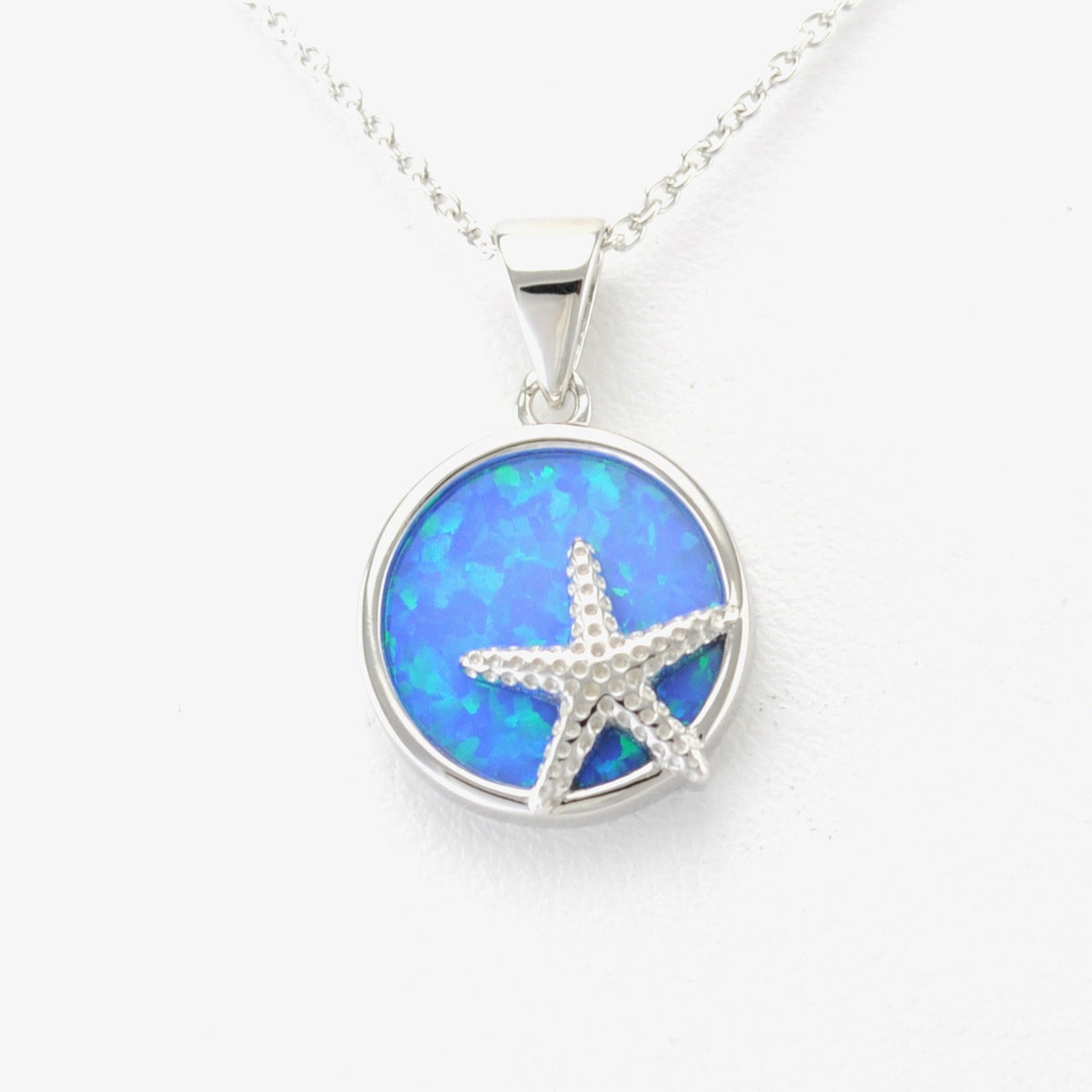 Alt View Silver Created Opal Round Starfish Necklace