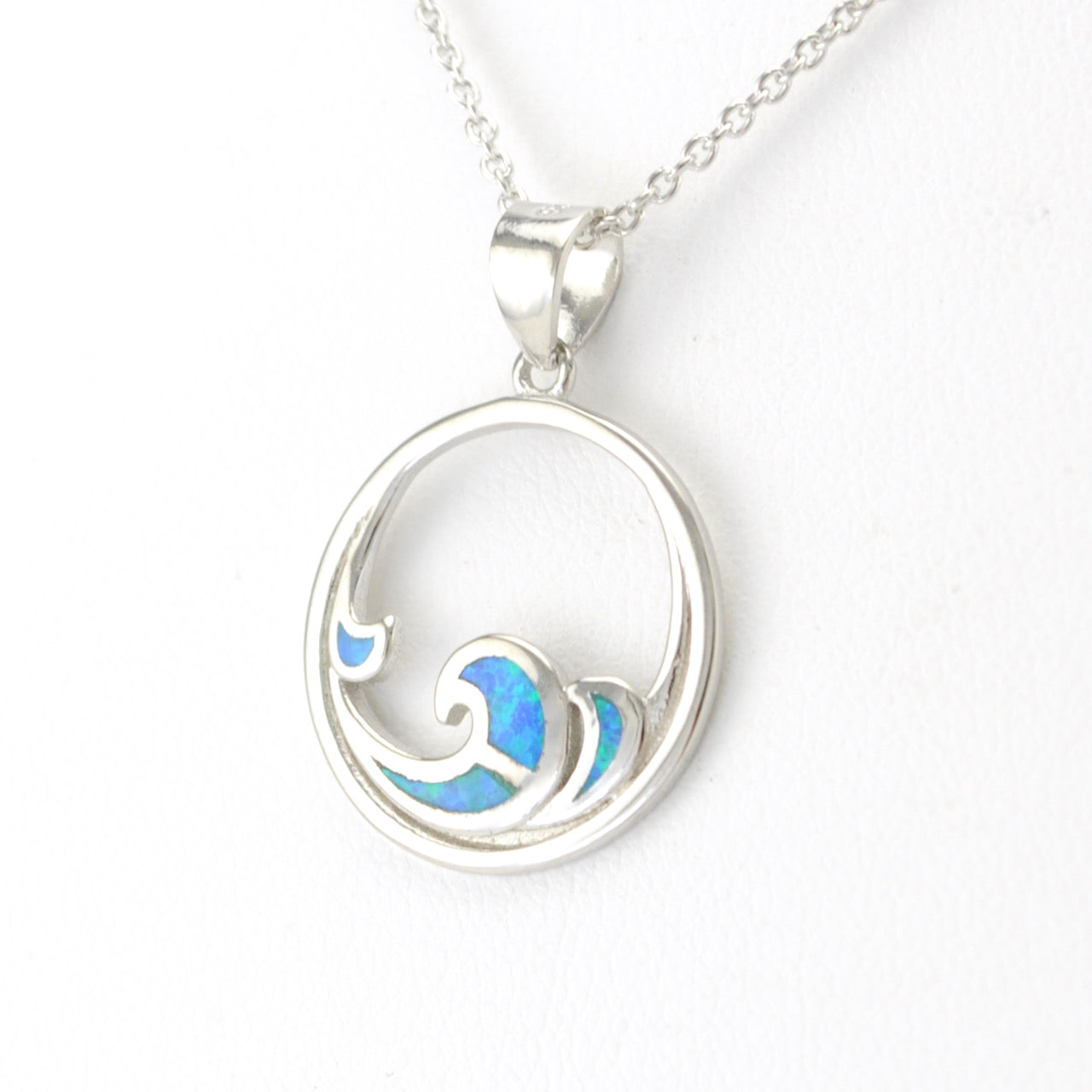 Silver Created Opal Blue Wave Necklace