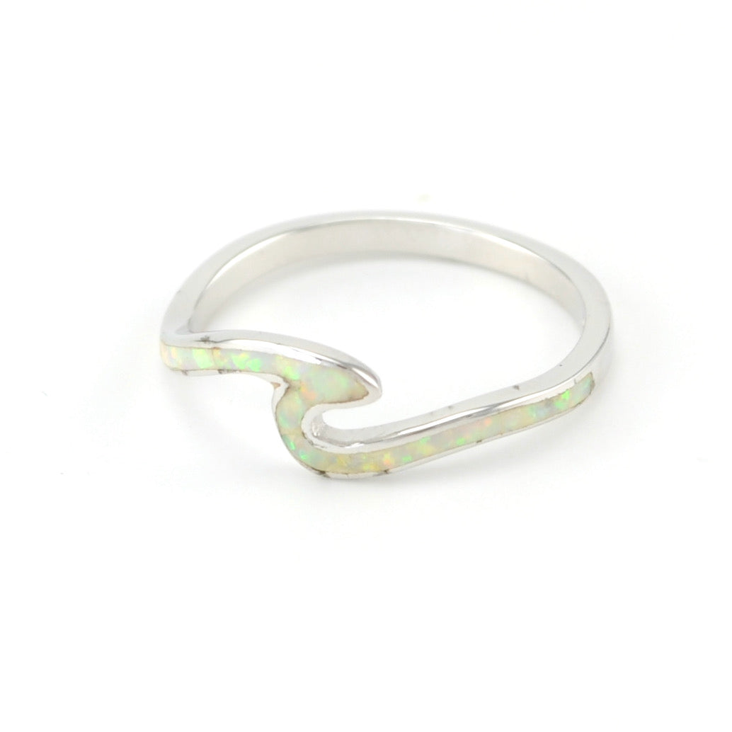Silver Created White Opal Wave Ring