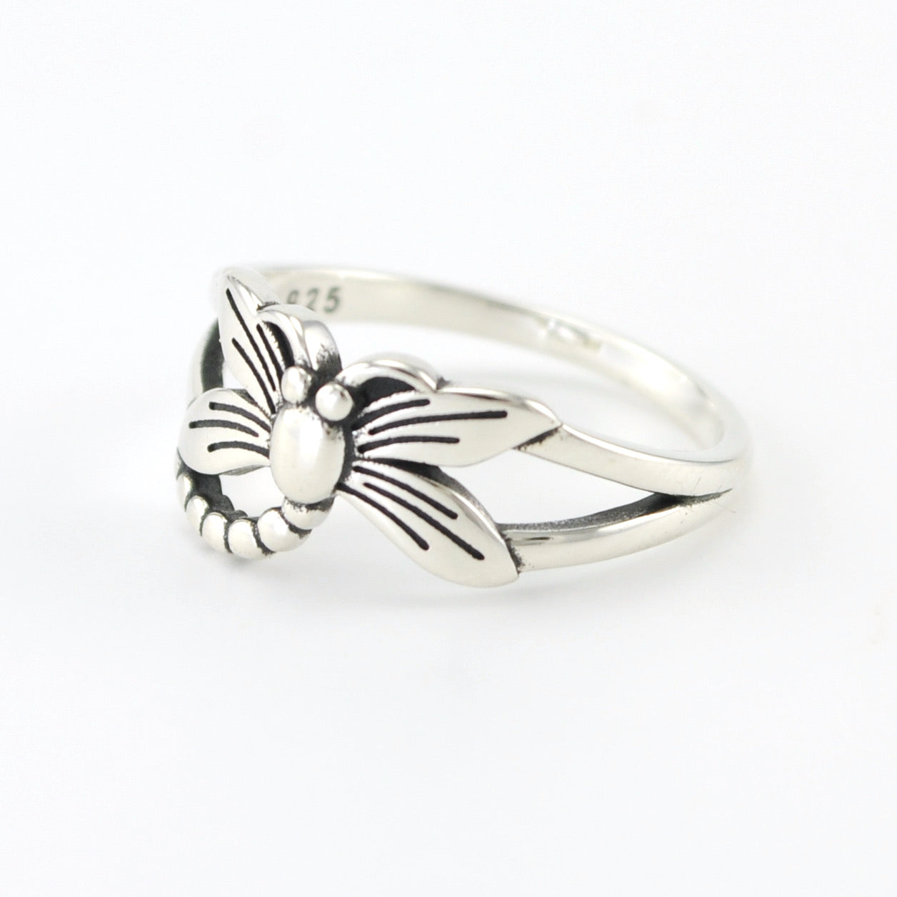 Side View Silver Dragonfly Ring