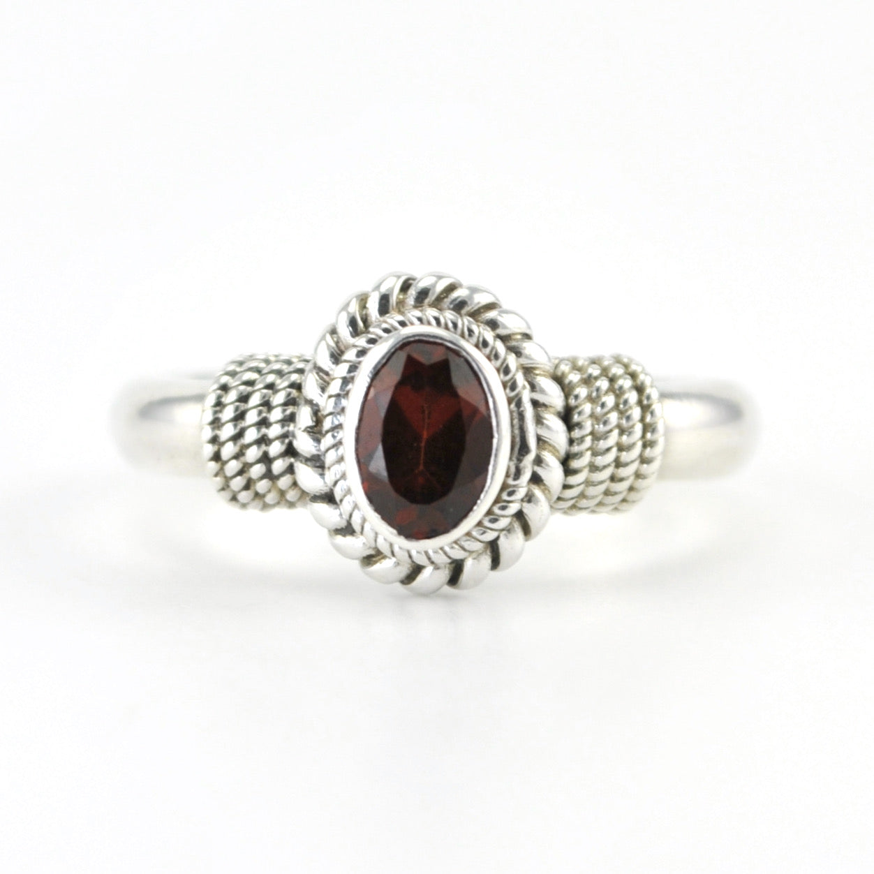 Alt View Silver Garnet 4x6mm Oval Rope Ring
