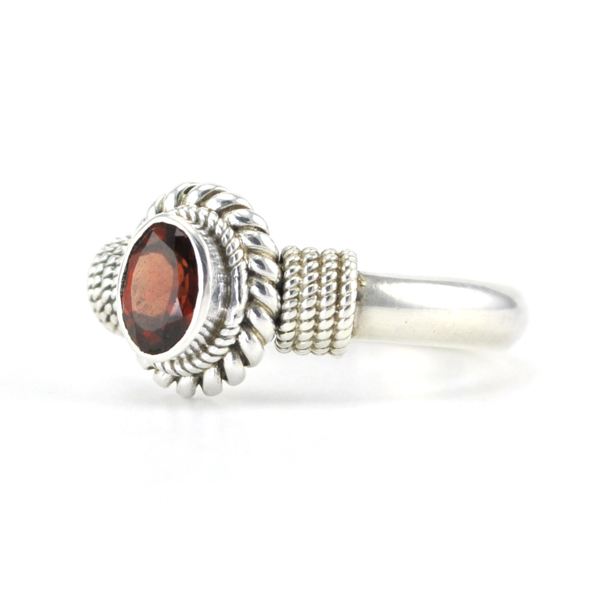 Silver Garnet 4x6mm Oval Rope Ring