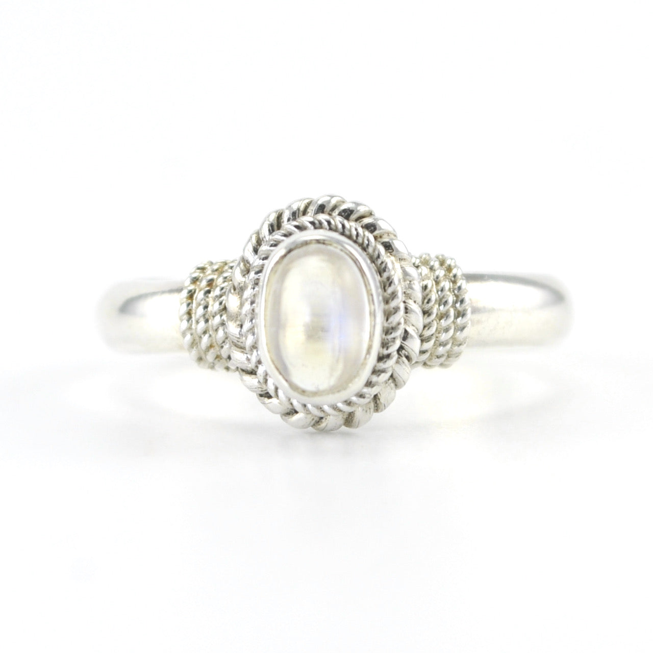 Silver Moonstone 4x6mm Oval Rope Ring