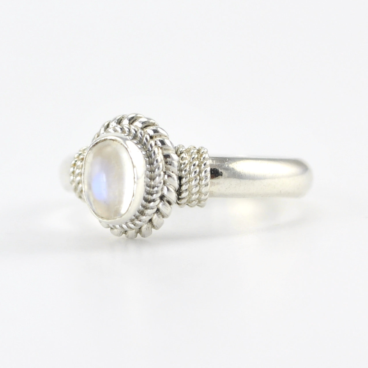 Side View Silver Moonstone 4x6mm Oval Rope Ring