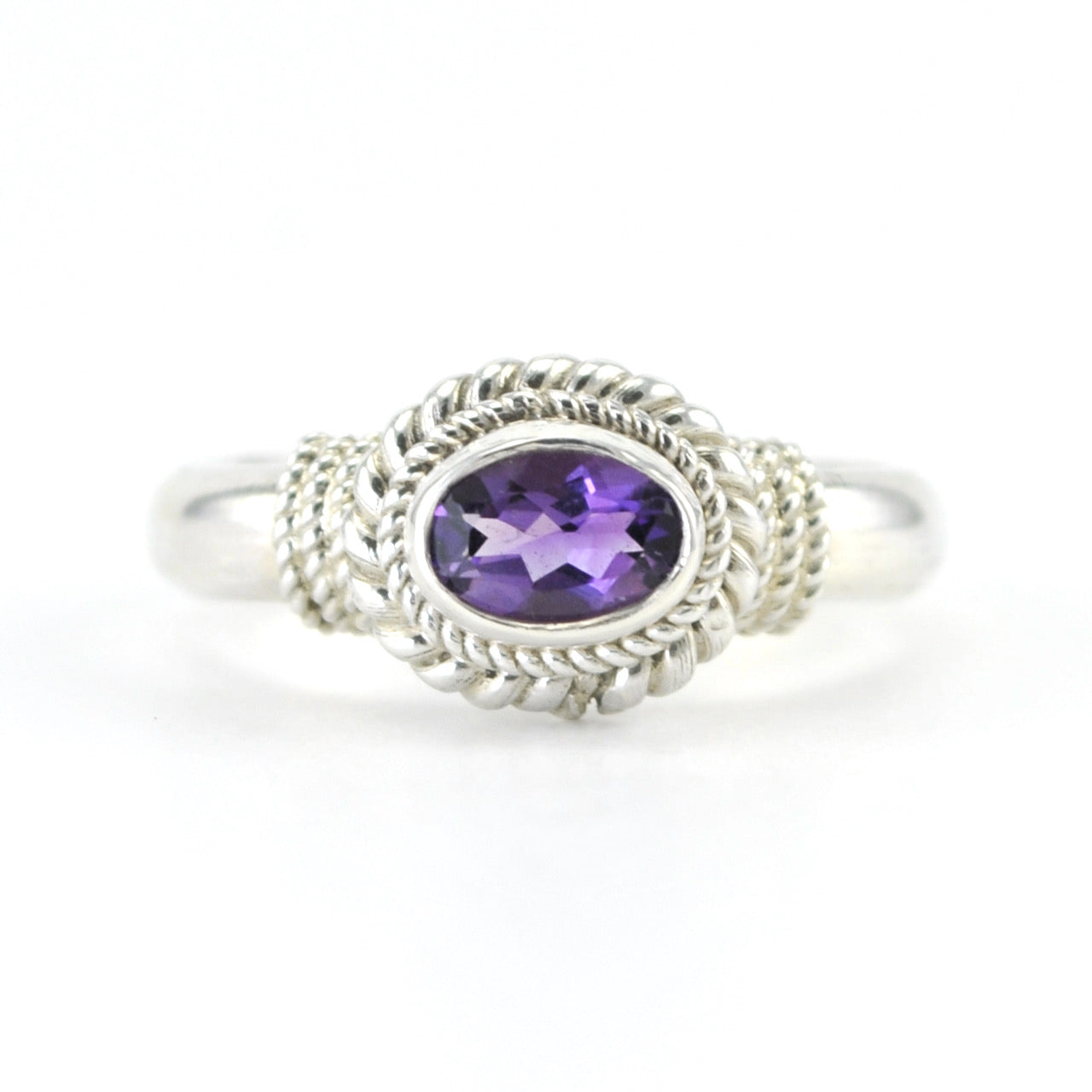 Silver Amethyst 4x6mm Oval Rope Ring