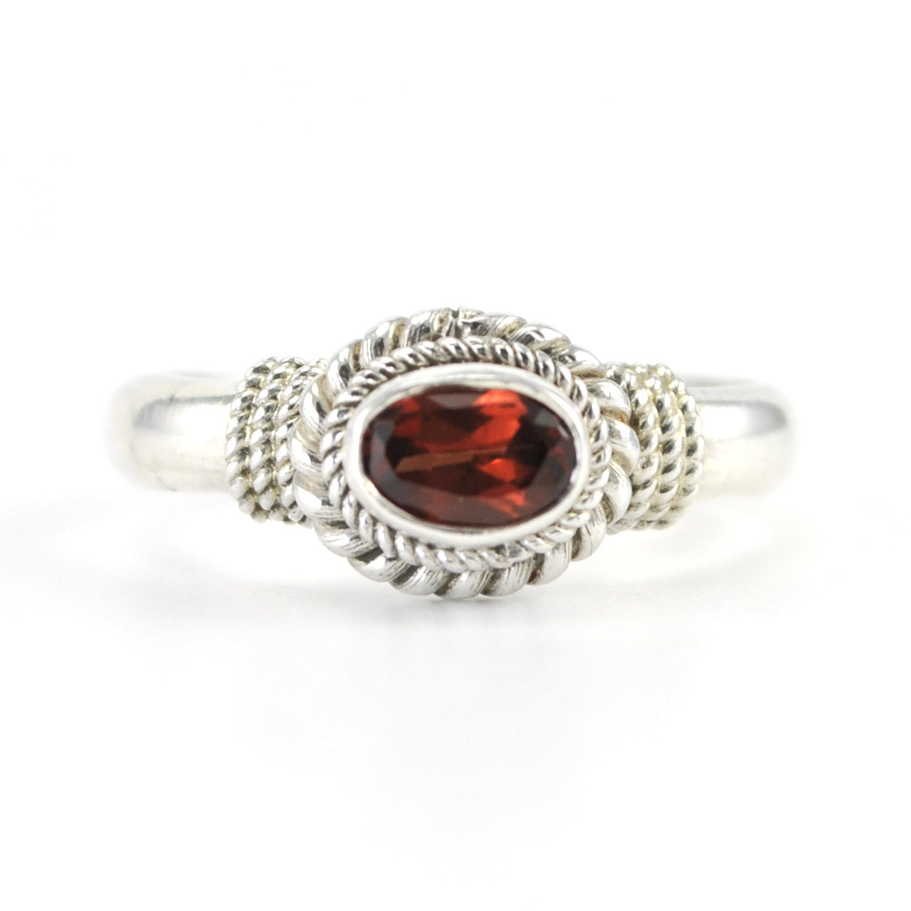 Silver Garnet 4x6mm Oval Rope Ring