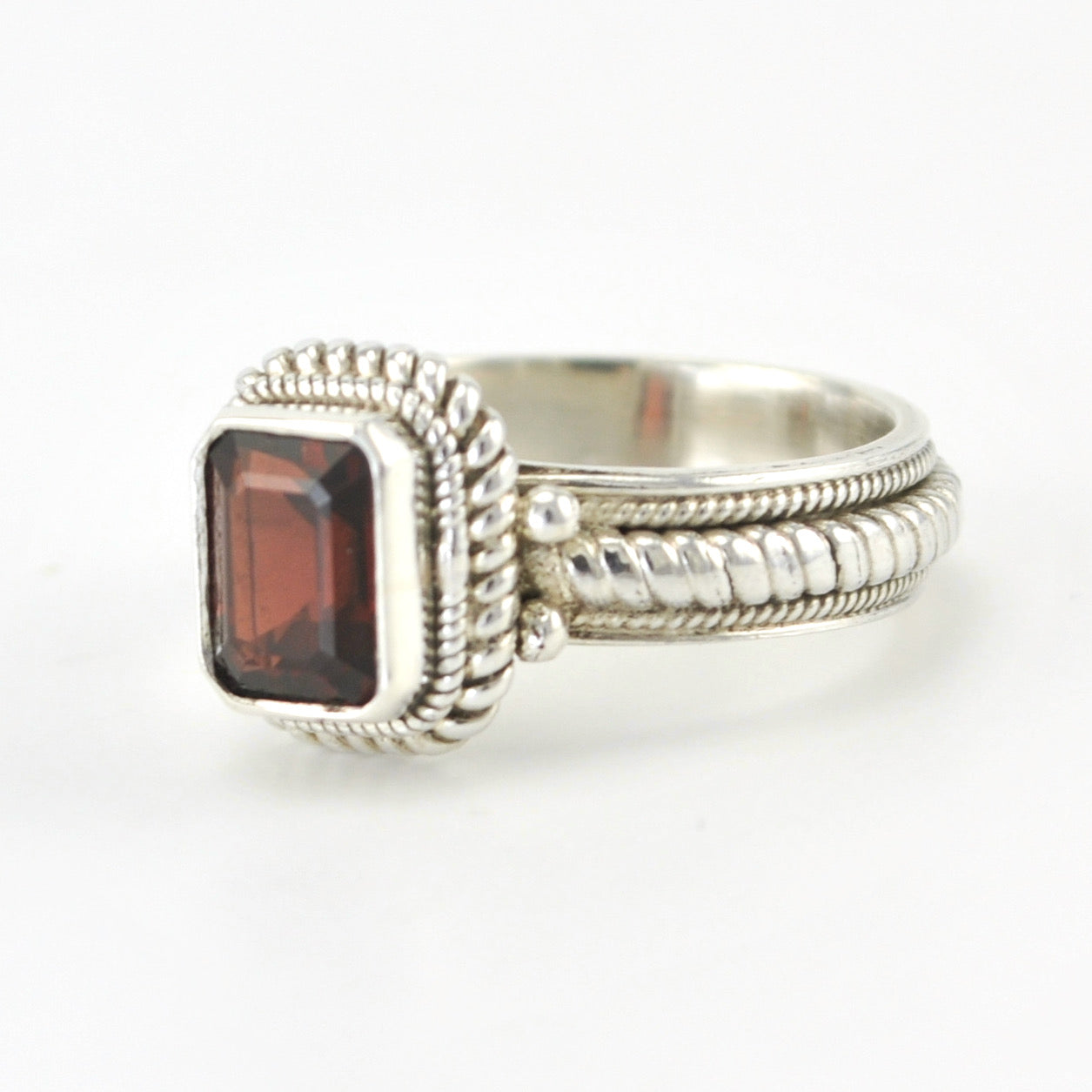 Side View Silver Garnet 6x8mm Rectangle Ring
