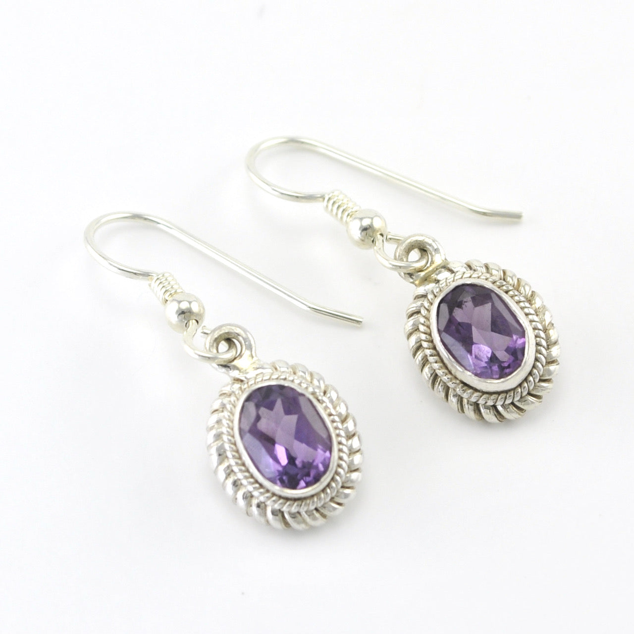 Silver Amethyst 6x8mm Oval Dangle Earrings