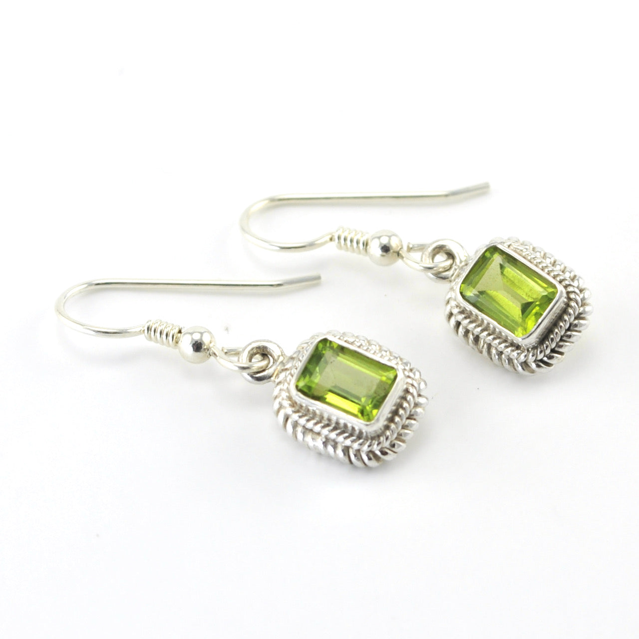 Silver Peridot 5x7mm Rectangle Dangle Earrings