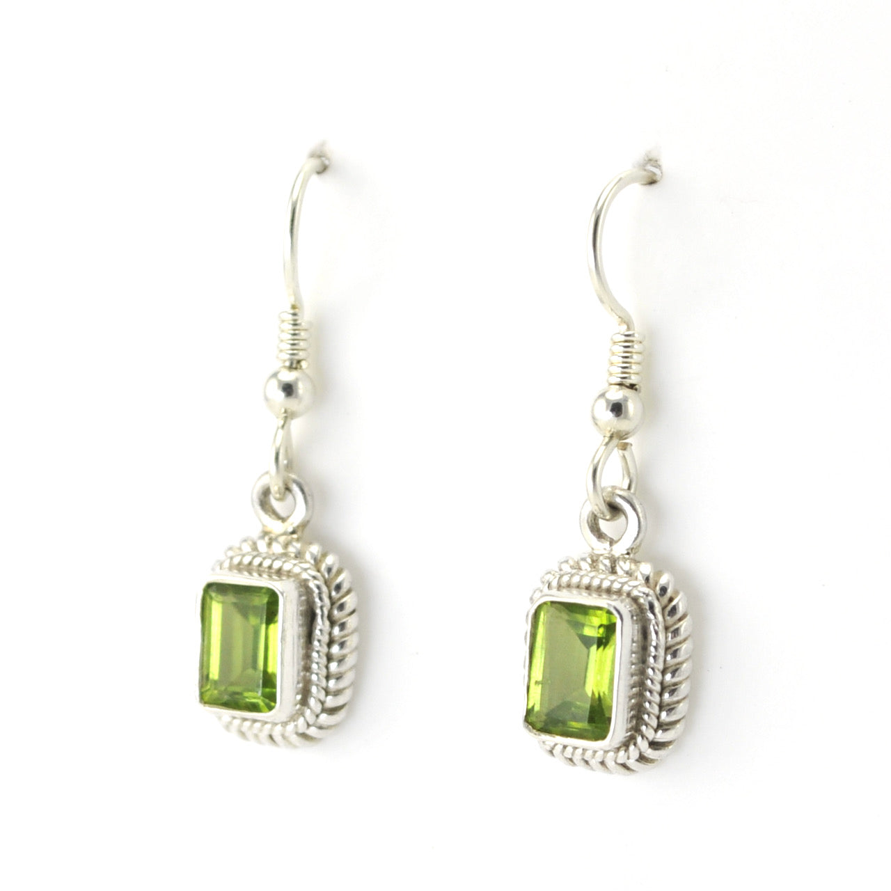 Side View Silver Peridot 5x7mm Rectangle Dangle Earrings