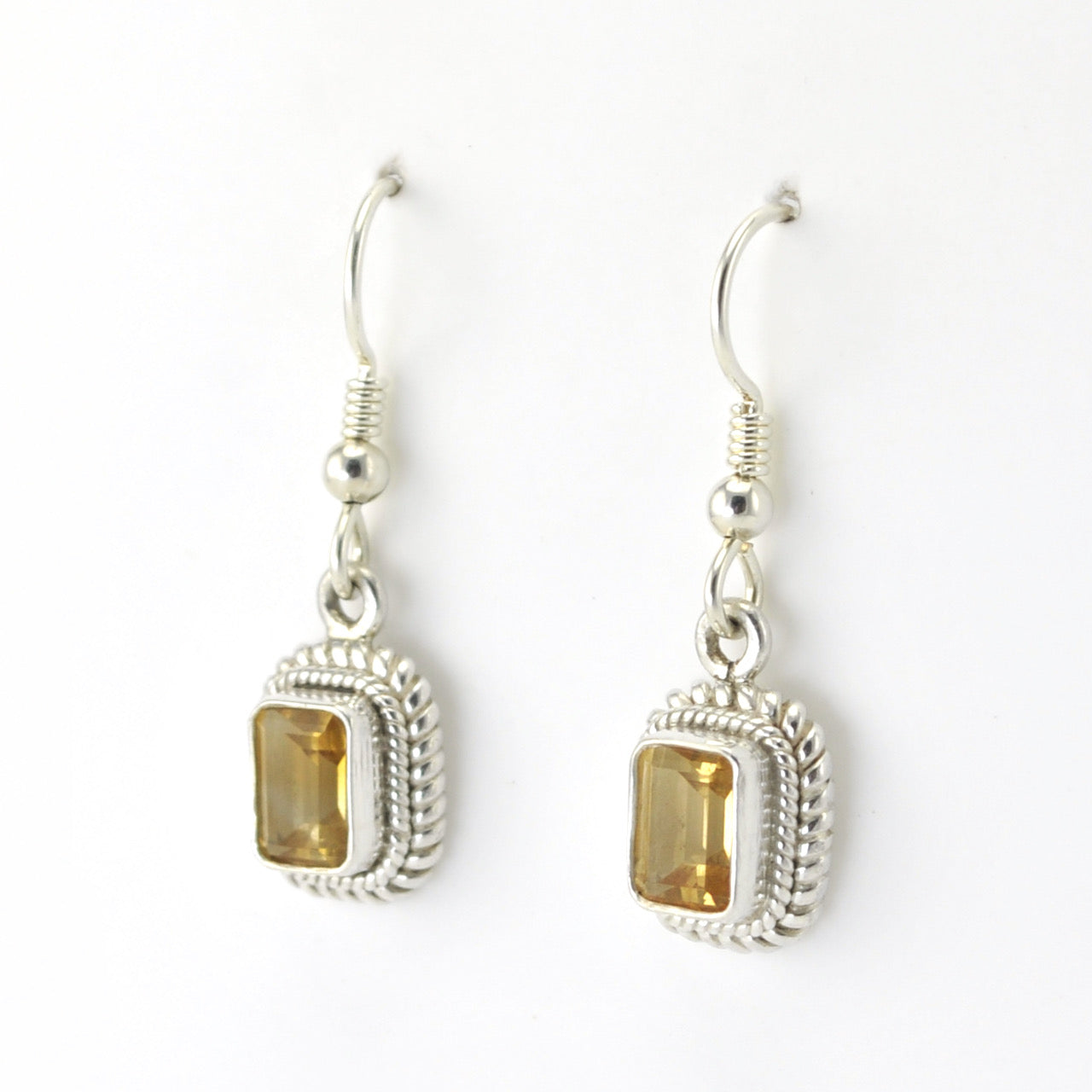 Side View Silver Citrine 5x7mm Rectangle Dangle Earrings