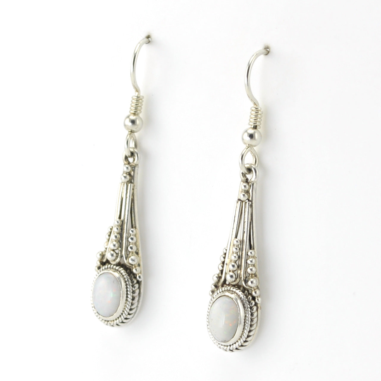 Silver Opal 5x7mm Oval Long Dangle Earrings