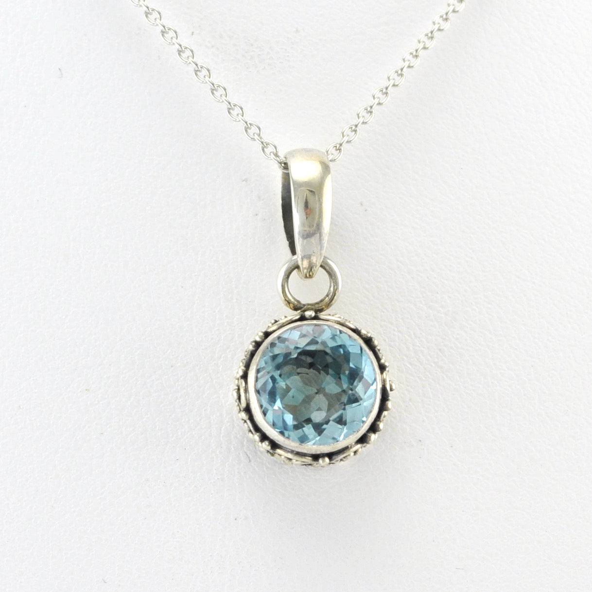 Silver Blue Topaz Round Bali Necklace