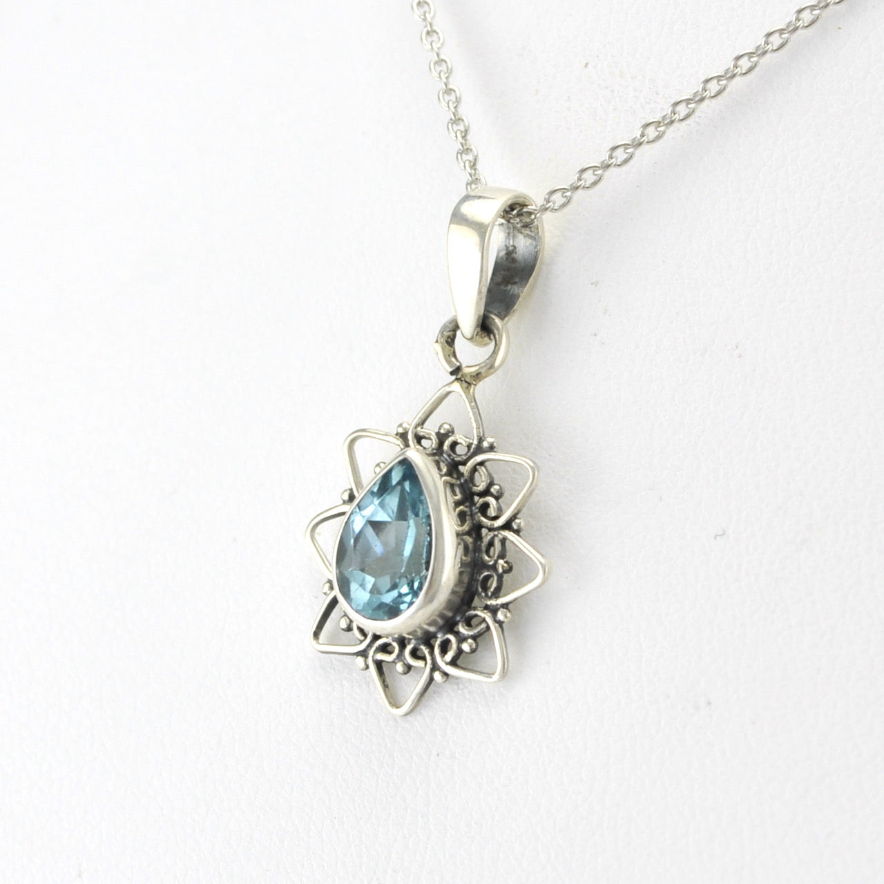 Silver Blue Topaz Tear Star Necklace