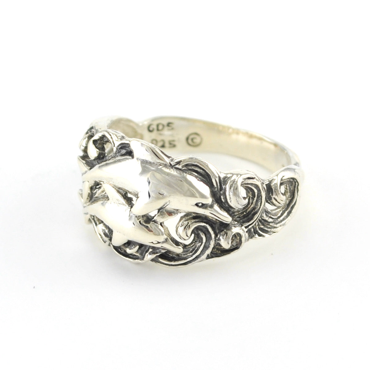 Side View Silver Dolphin Wave Ring Size 7