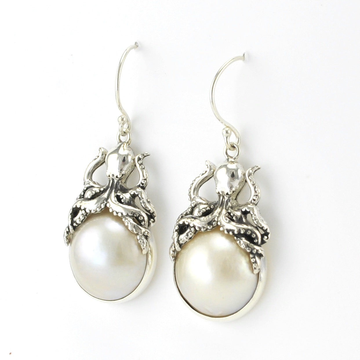 Silver Octopus Sitting on Mabé Pearl  Earrings