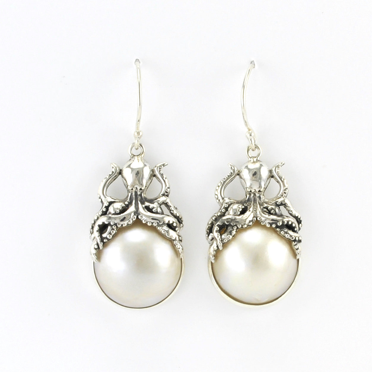 Alt View Silver Octopus Sitting on Mabé Pearl  Earrings