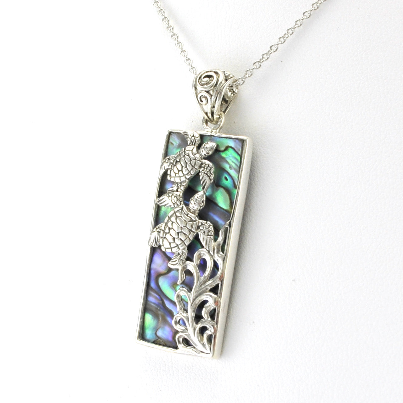 Side View Silver Abalone Two Turtle Necklace