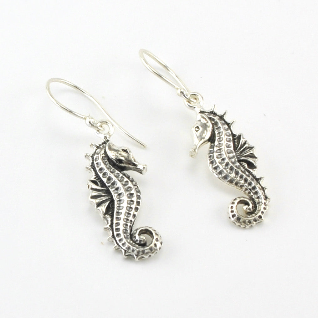 Side View Silver Seahorse Dangle Earrings