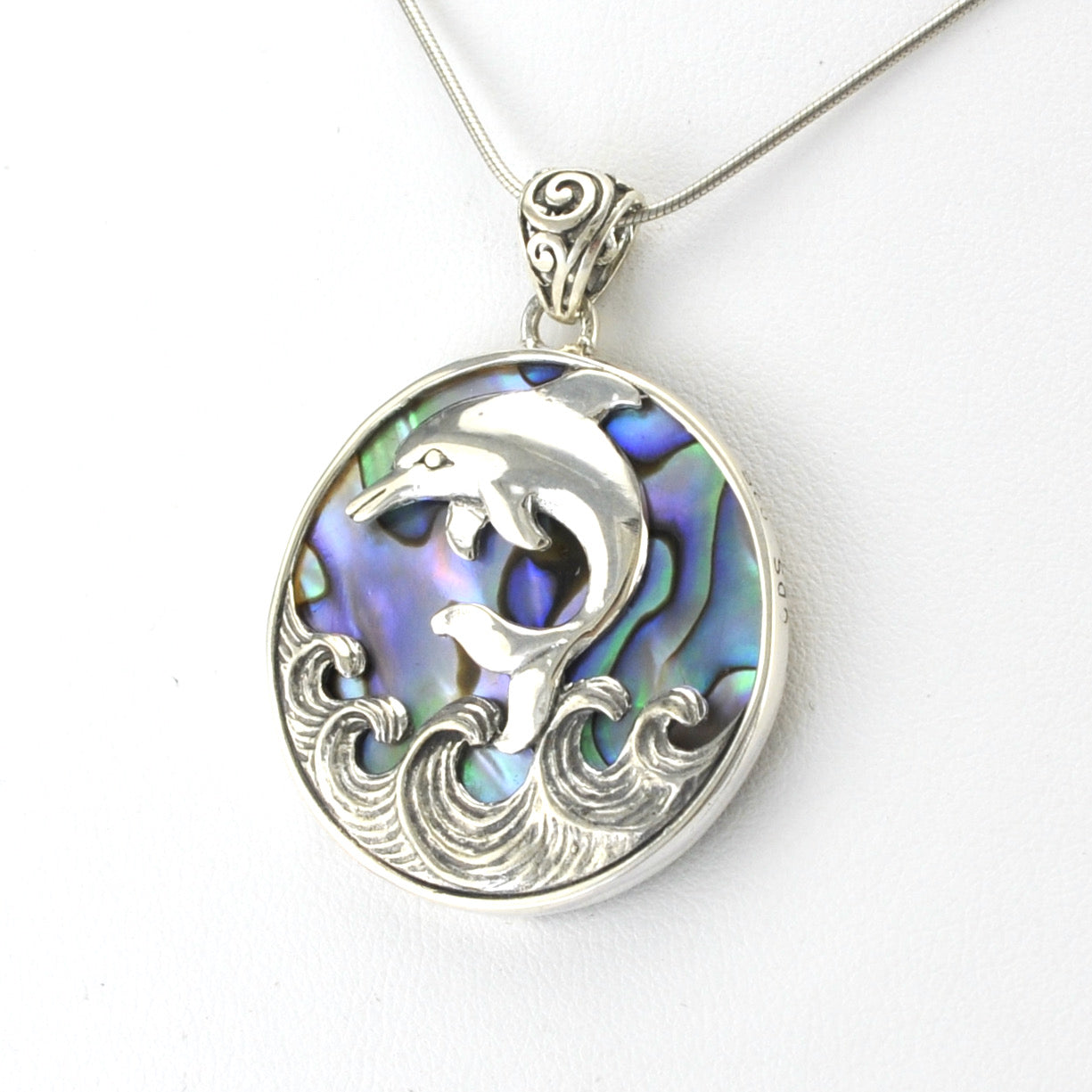 Silver Abalone Dolphin on Waves Pendant