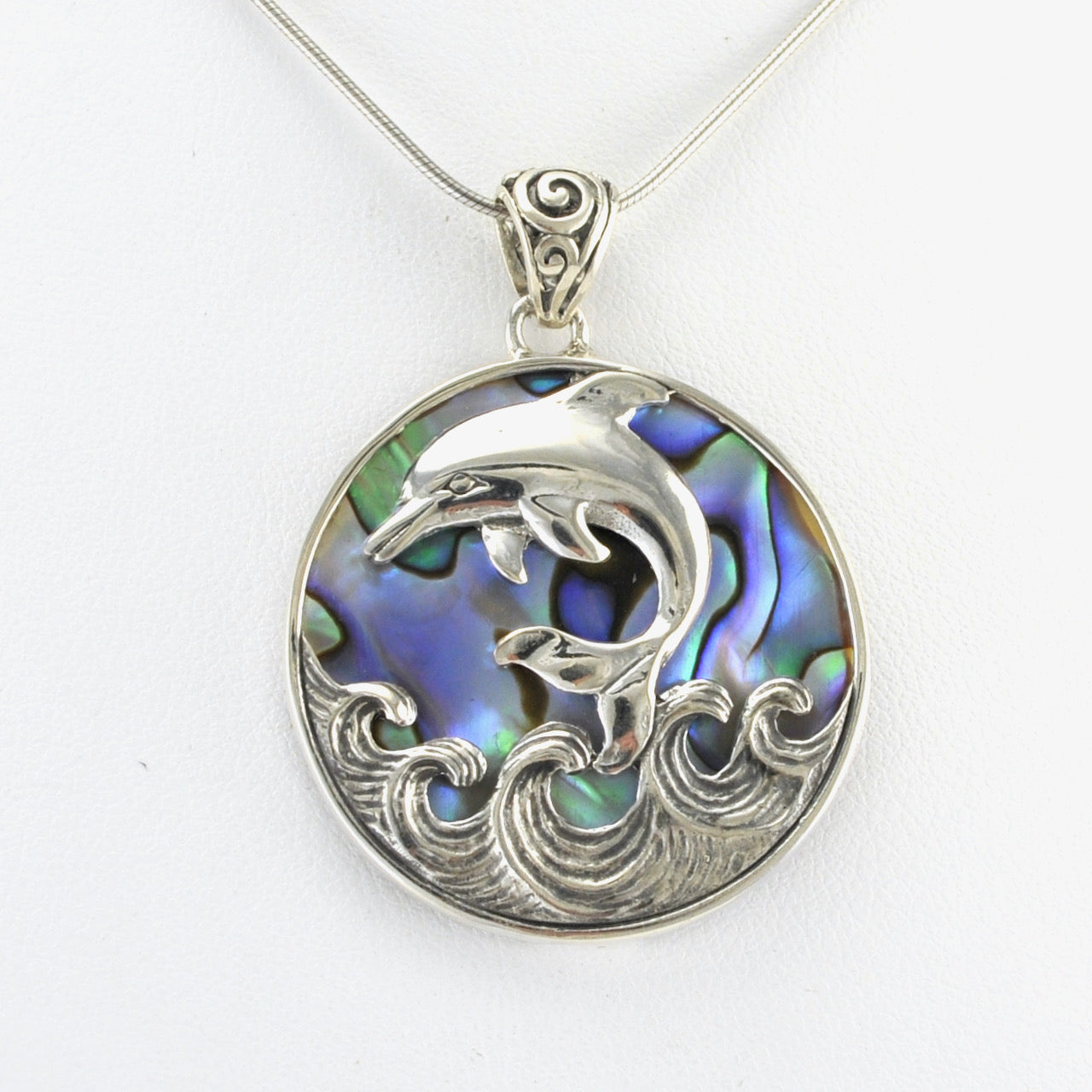 Alt View Silver Abalone Dolphin on Waves Pendant