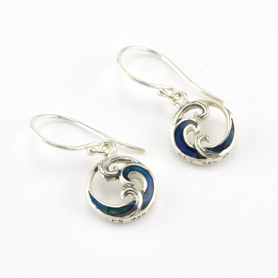 Side View Silver Blue Abalone Wave Mini Earrings