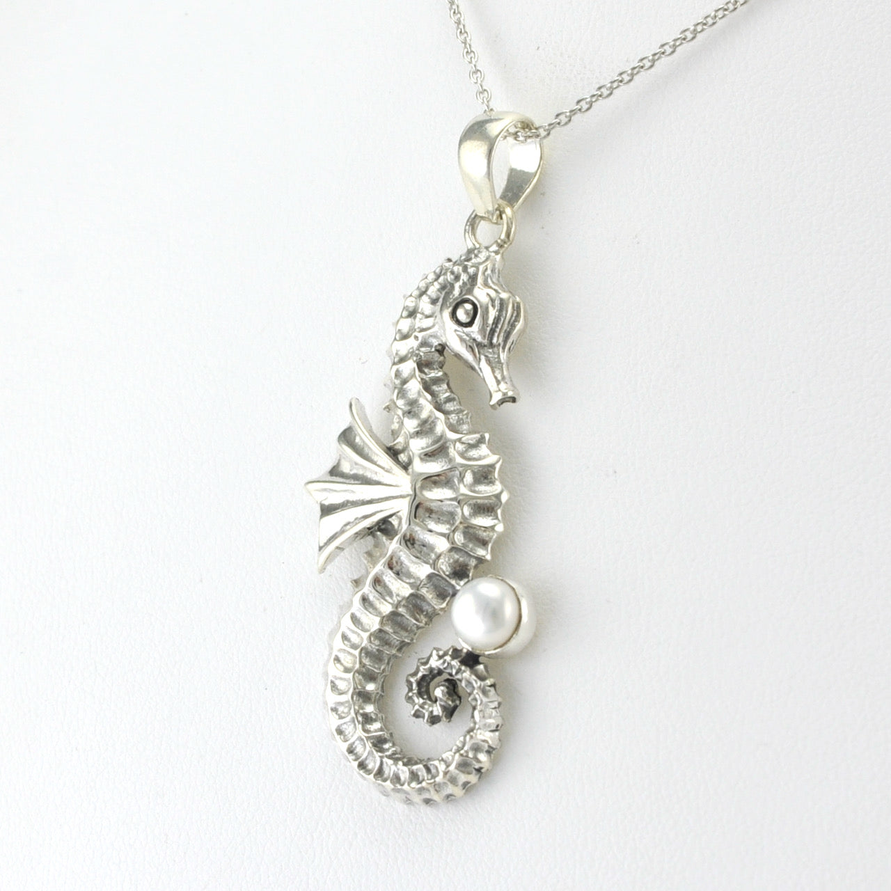 Side View Silver Seahorse with Pearl Necklace