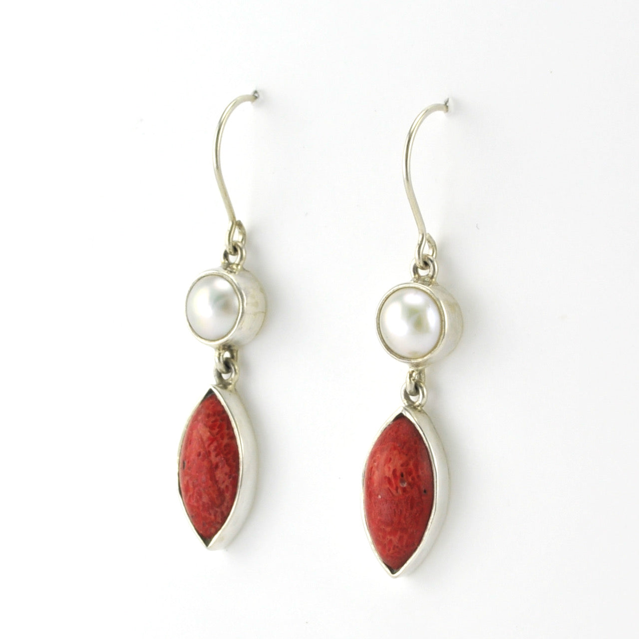 Side View Silver Pearl Coral Earrings