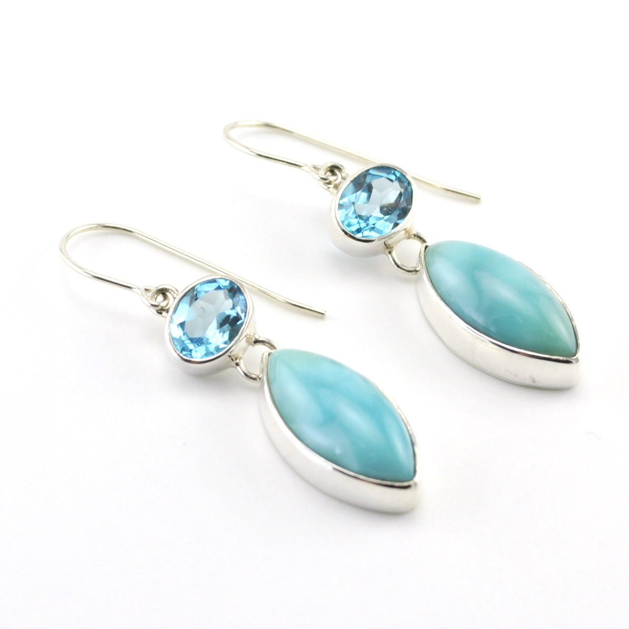 Silver Blue Topaz Oval Larimar Marquise Earrings