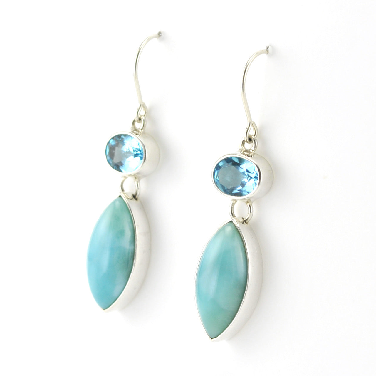 Side View Silver Blue Topaz Oval Larimar Marquise Earrings