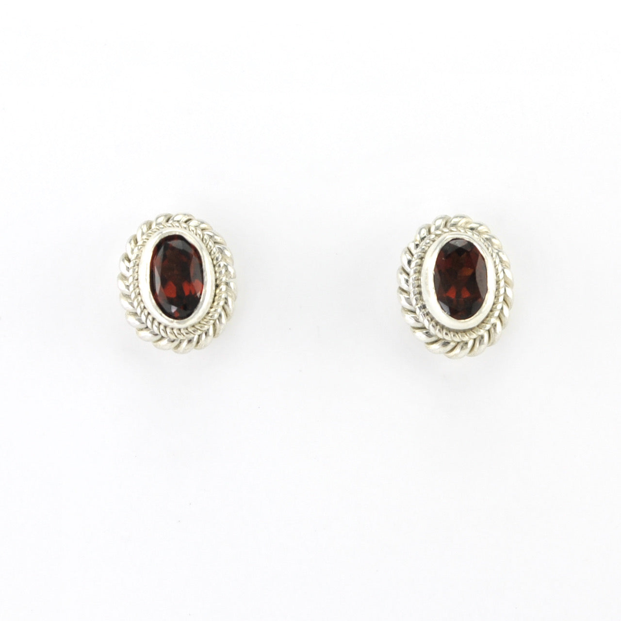 Silver Garnet 4x6mm Oval Post Earrings