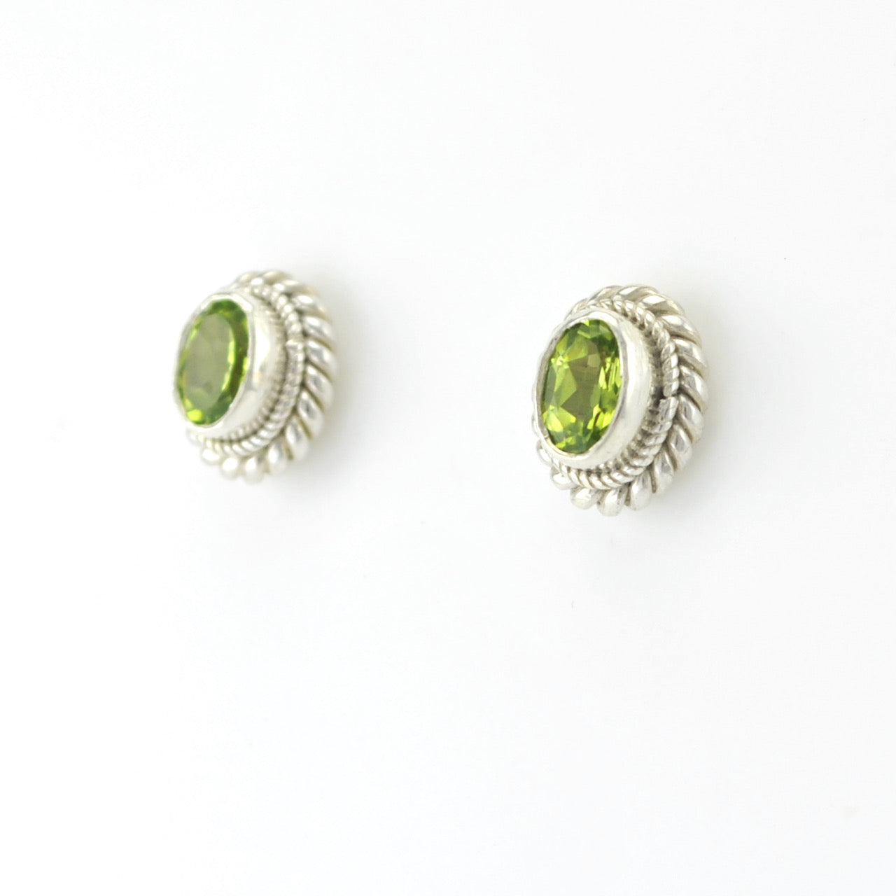 Side View Silver Peridot 4x6mm Oval Post Earrings