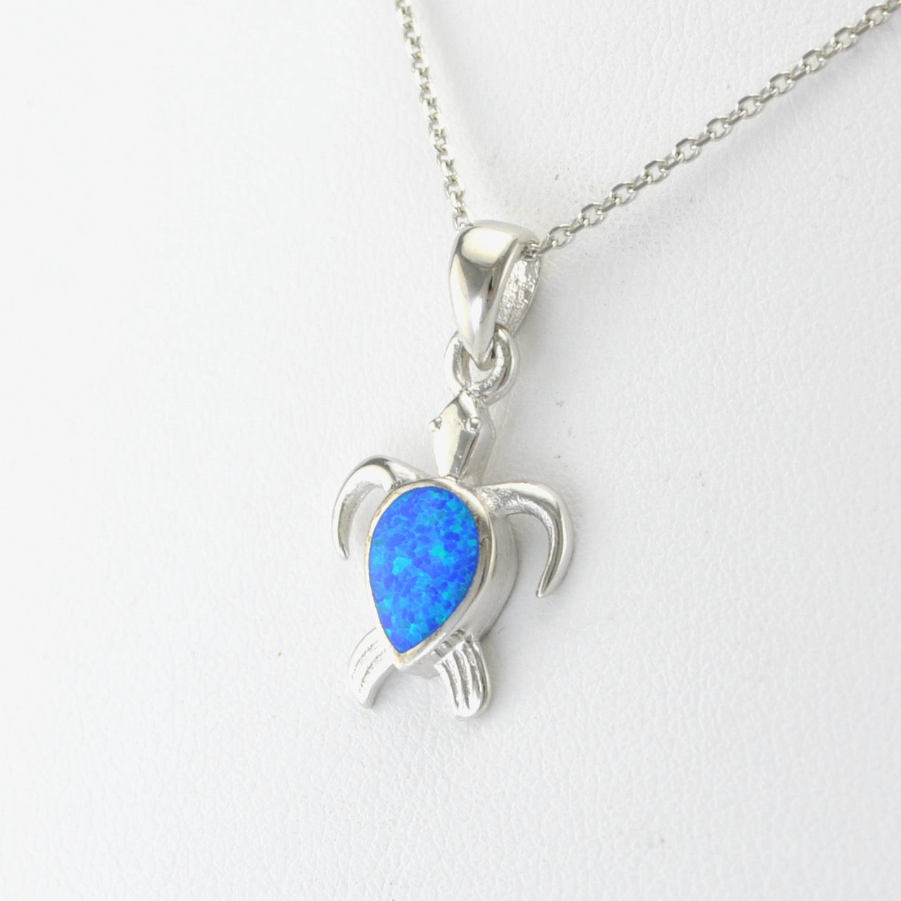Side View Silver Created Opal Blue Turtle Necklace